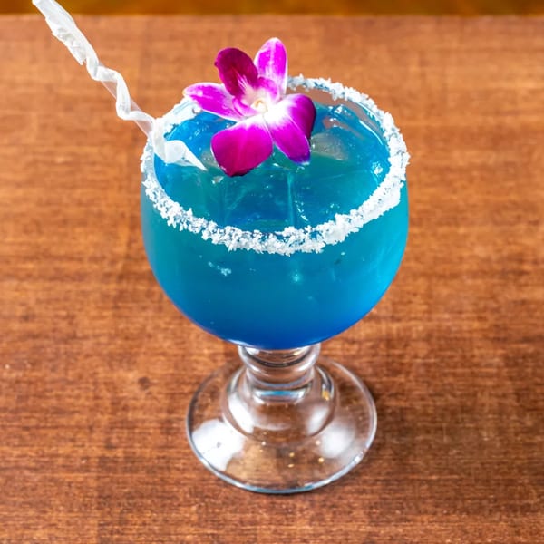 Vibrant blue cocktail with a salted rim, garnished with a purple orchid and a white straw.